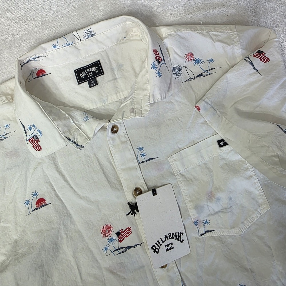 Billabong Sundays Large White July Flag American Palm Fireworks Beach Button‎ Up